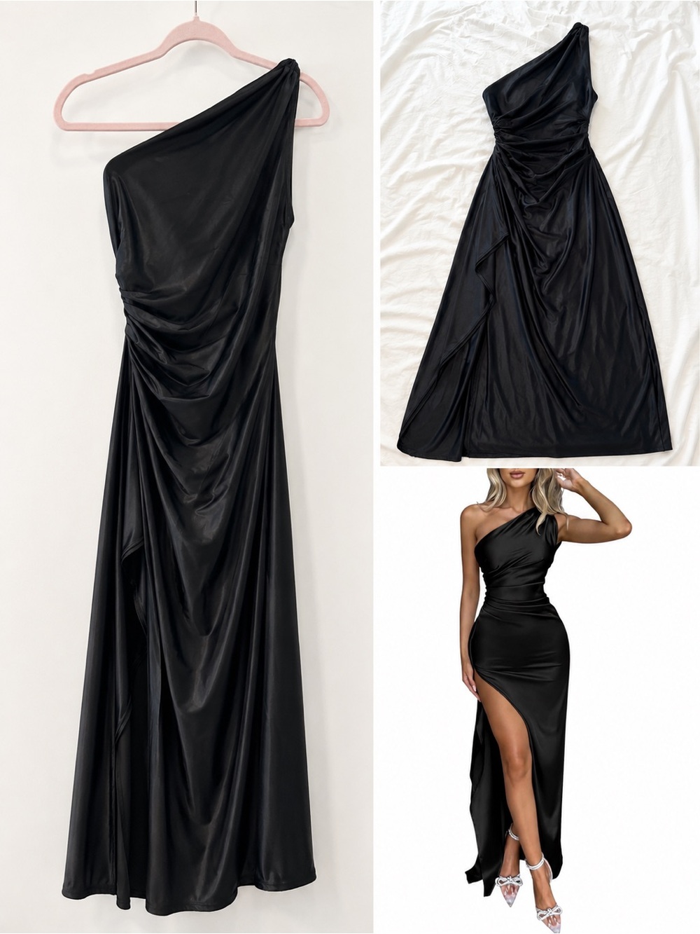 Black Satin One Shoulder Ruched Maxi Dress